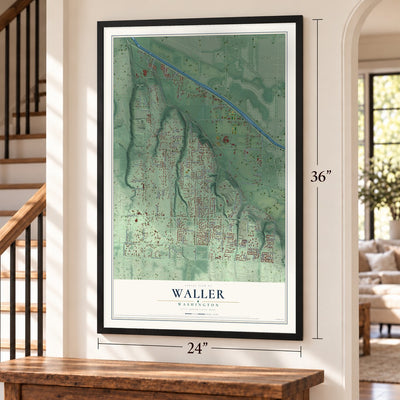 Waller, Washington map, 24 x 36 inch print in a black frame by a staircase