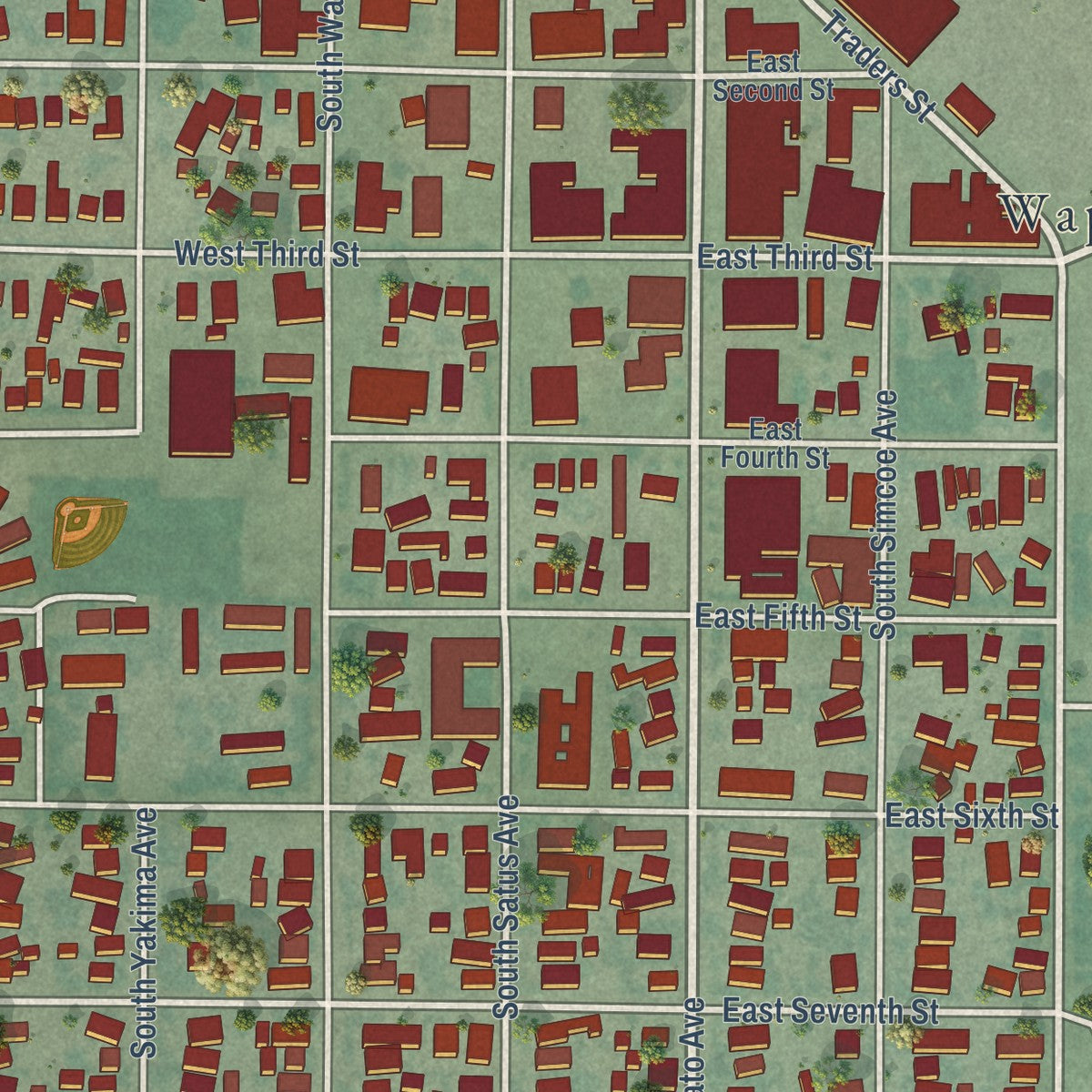 Close-up of the map of Wapato, Washington print showing street and building detail