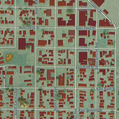 Close-up of the map of Wapato, Washington print showing street and building detail
