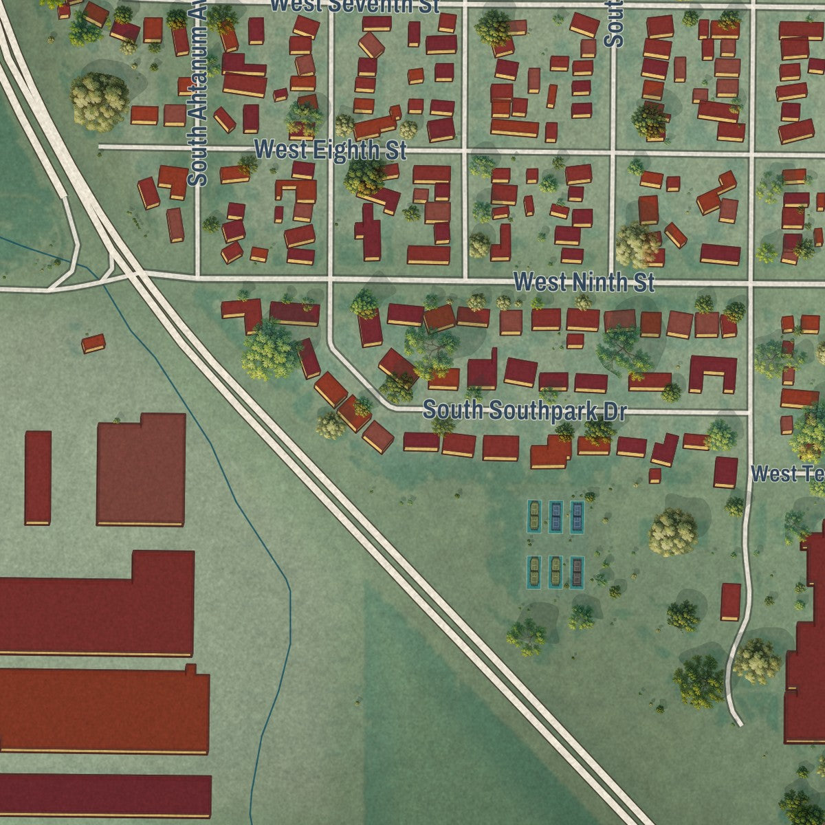 Second close-up of the map of Wapato, Washington print showing more streets and buildings