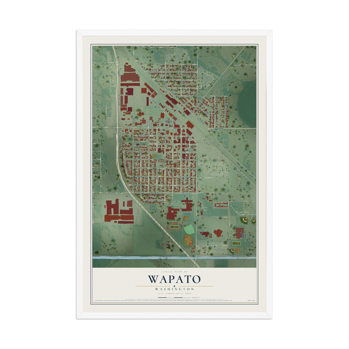 Map of Wapato, Washington, 12 x 18 inch print in a white wood frame