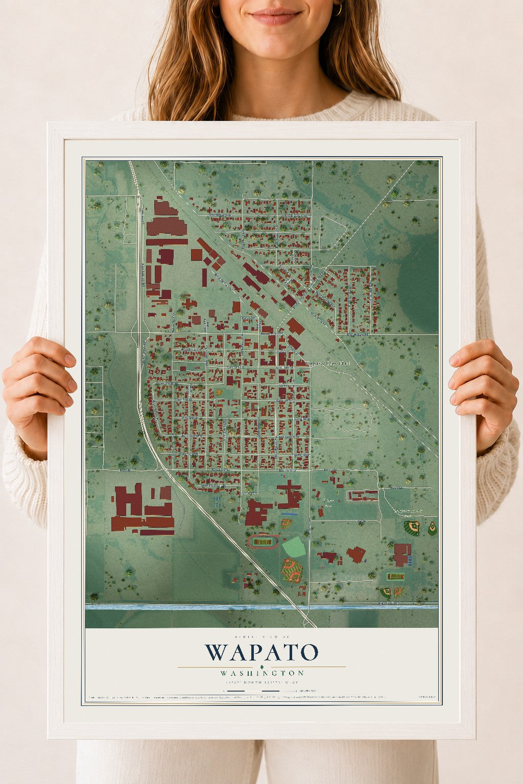 Map of Wapato, Washington, 18 x 24 inch print in a white wood frame