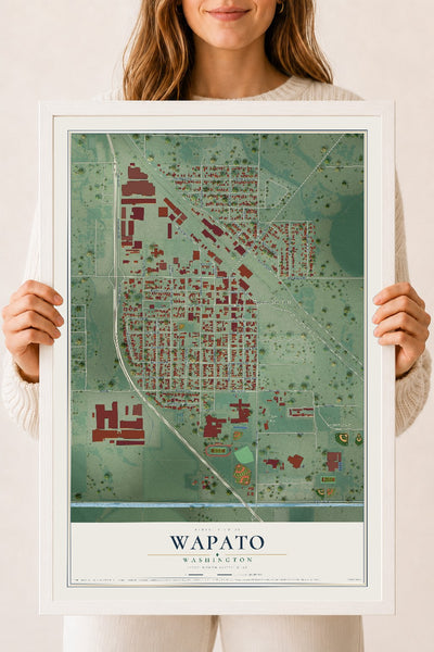 Map of Wapato, Washington, 18 x 24 inch print in a white wood frame