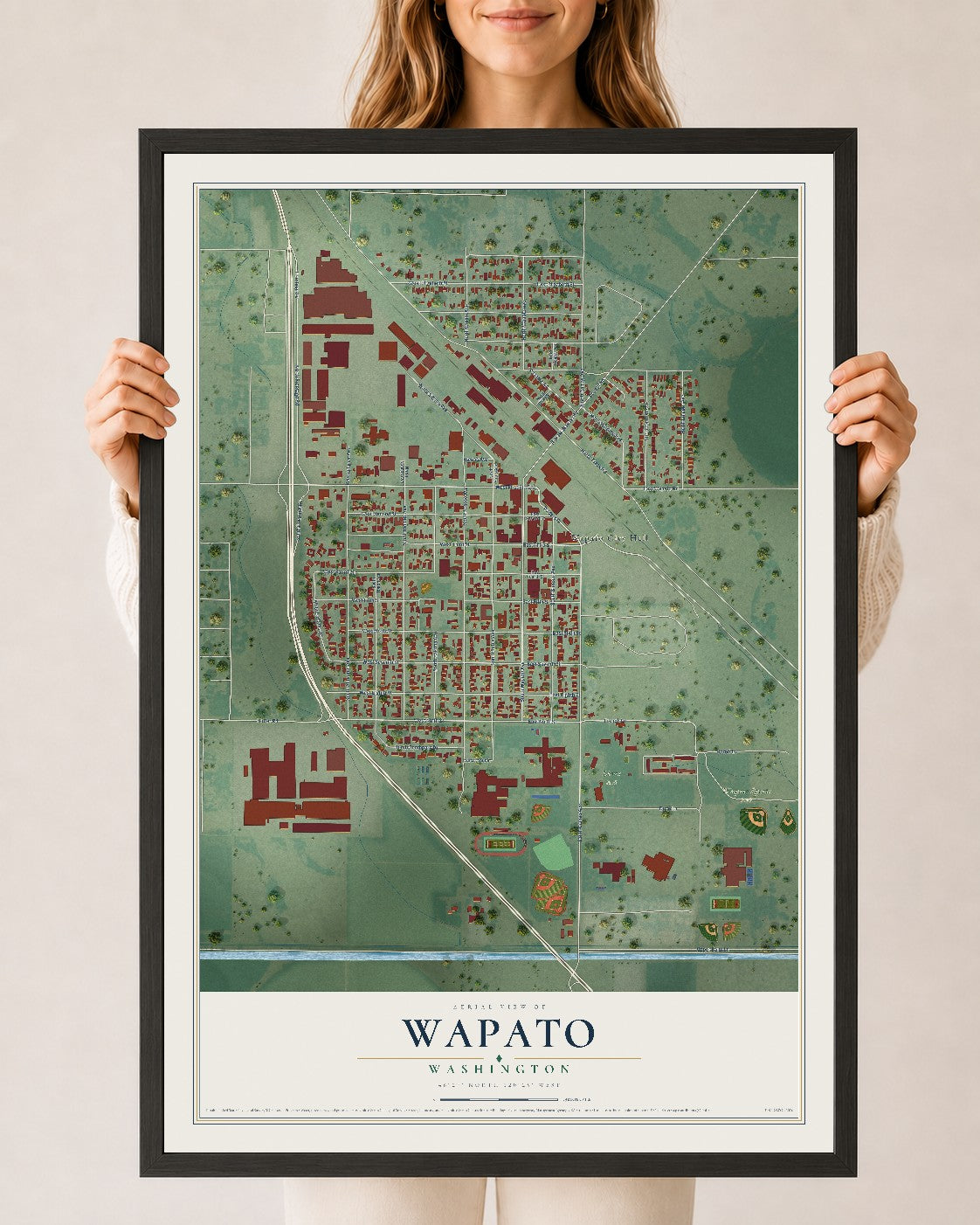 Map of Wapato, Washington, 24 x 36 inch print in a black wood frame