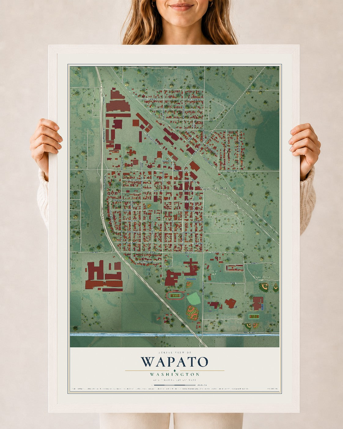 Map of Wapato, Washington, 24 x 36 inch print in a white wood frame