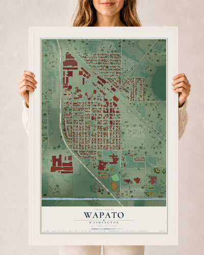 Map of Wapato, Washington, 24 x 36 inch print in a white wood frame