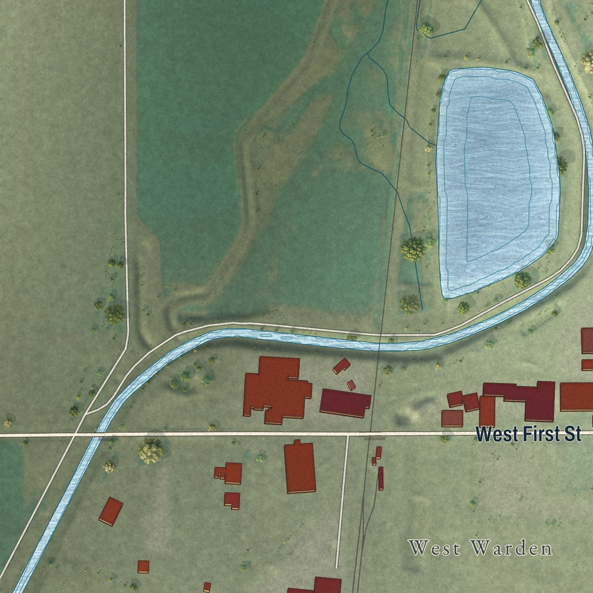 Second close-up of the map of Warden, Washington print showing more streets and buildings