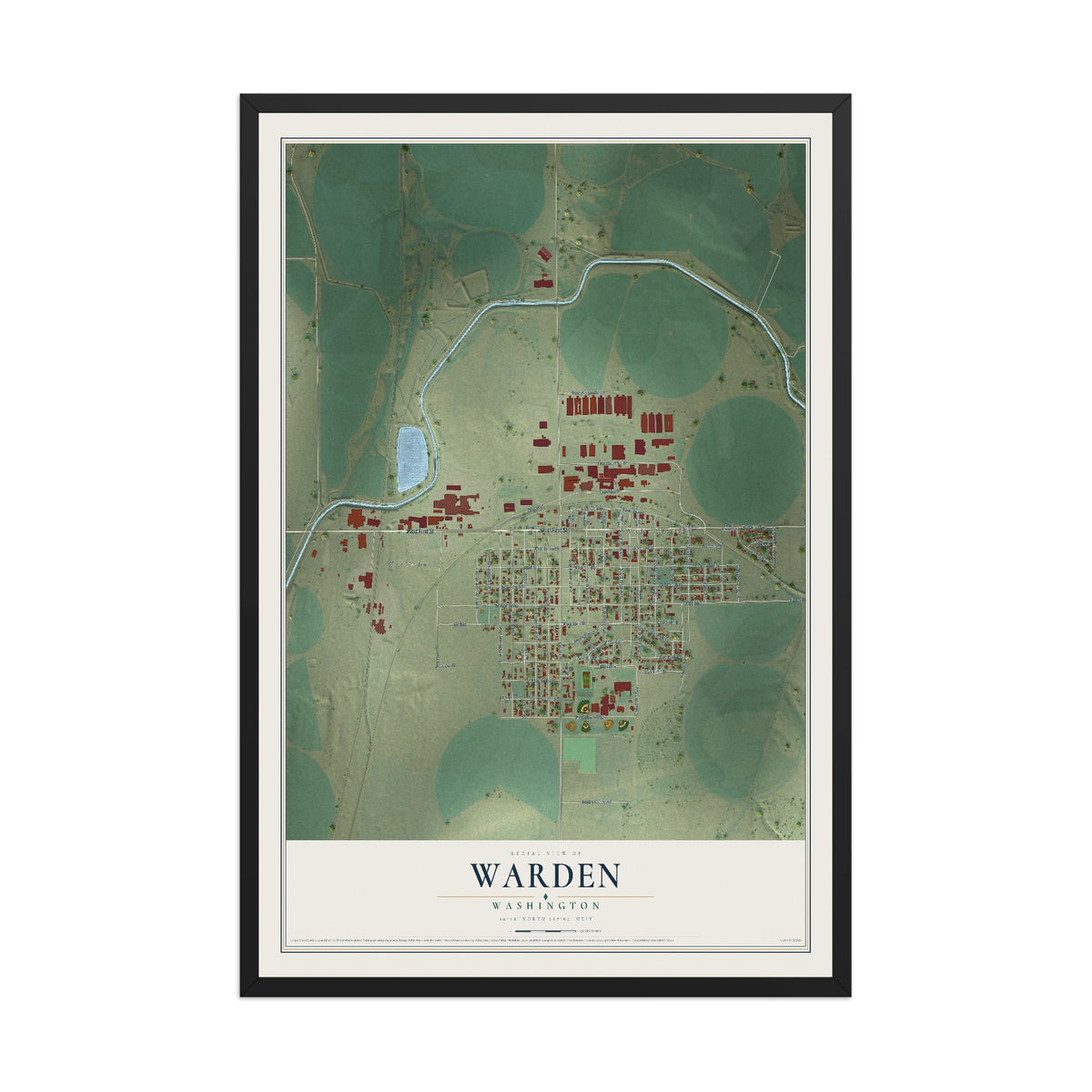 Map of Warden, Washington, 12 x 18 inch print in a black wood frame