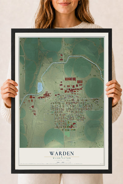 Map of Warden, Washington, 18 x 24 inch print in a black wood frame