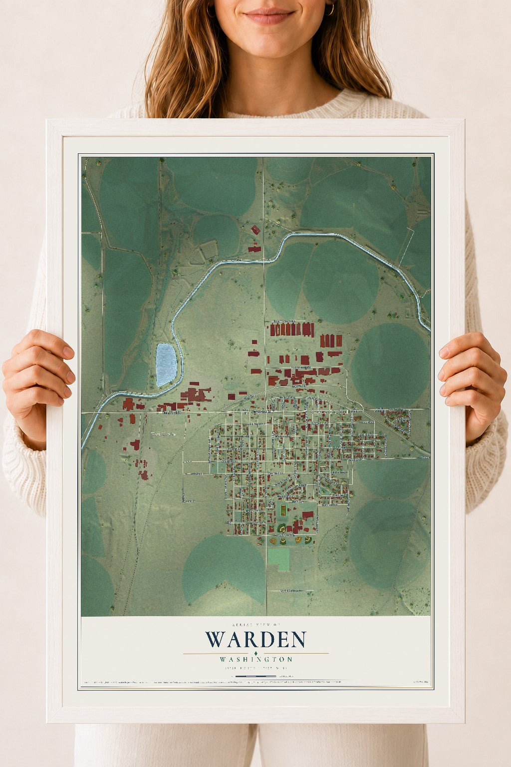 Map of Warden, Washington, 18 x 24 inch print in a white wood frame