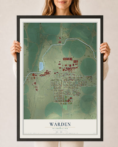 Map of Warden, Washington, 24 x 36 inch print in a black wood frame