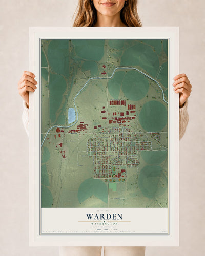 Map of Warden, Washington, 24 x 36 inch print in a white wood frame