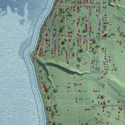 Close-up of the map of Warm Beach, Washington print showing street and building detail