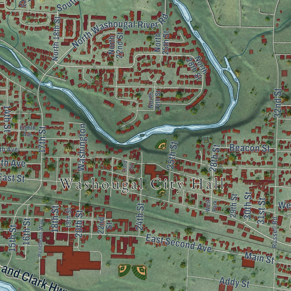 Second close-up of the map of Washougal, Washington print showing more streets and buildings