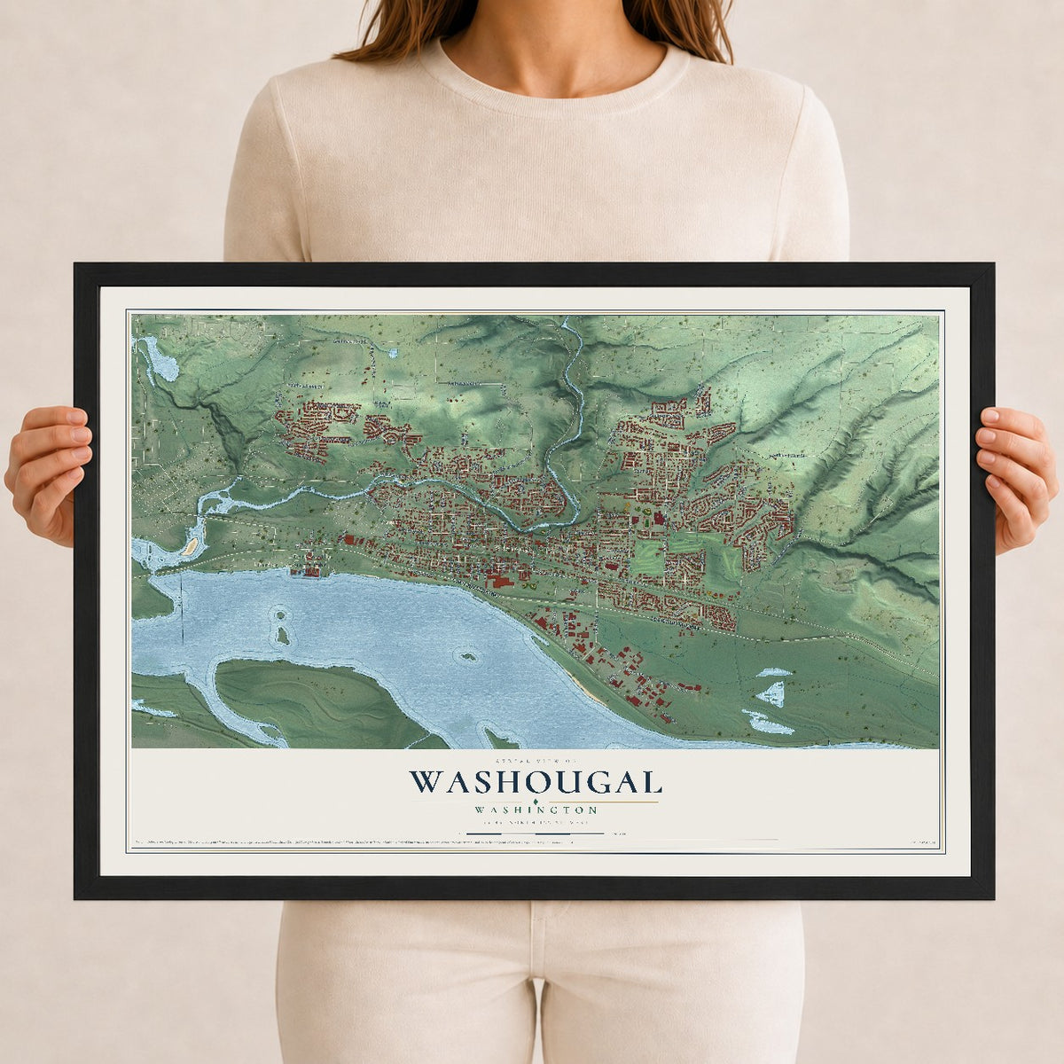 Map of Washougal, Washington, 12 x 18 inch print in a black wood frame