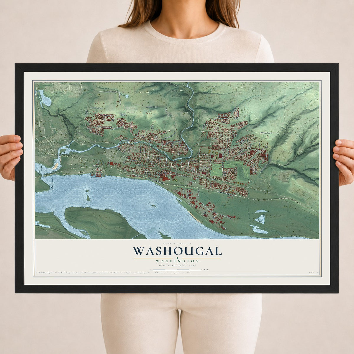 Map of Washougal, Washington, 18 x 24 inch print in a black wood frame