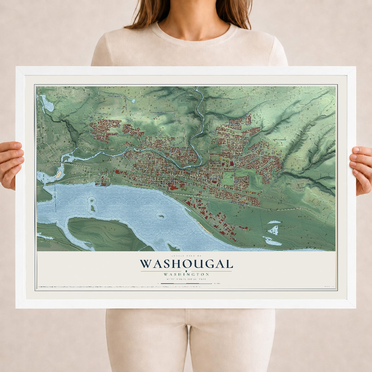 Map of Washougal, Washington, 18 x 24 inch print in a white wood frame