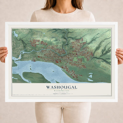 Map of Washougal, Washington, 18 x 24 inch print in a white wood frame