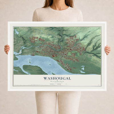 Map of Washougal, Washington, 24 x 36 inch print in a white wood frame