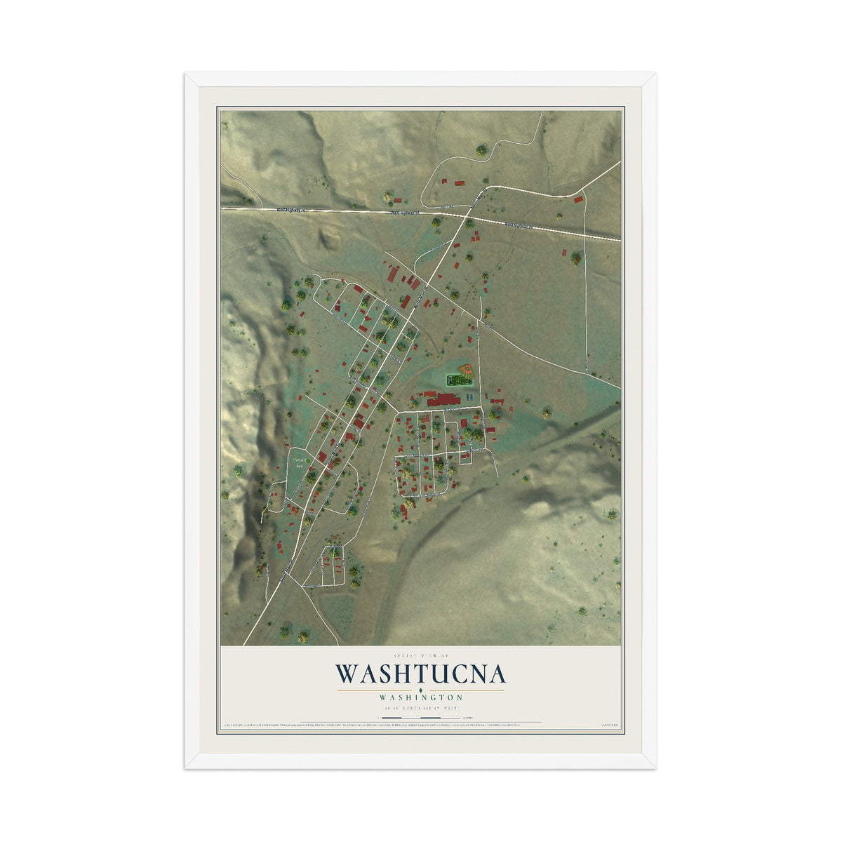 Map of Washtucna, Washington, 12 x 18 inch print in a white wood frame