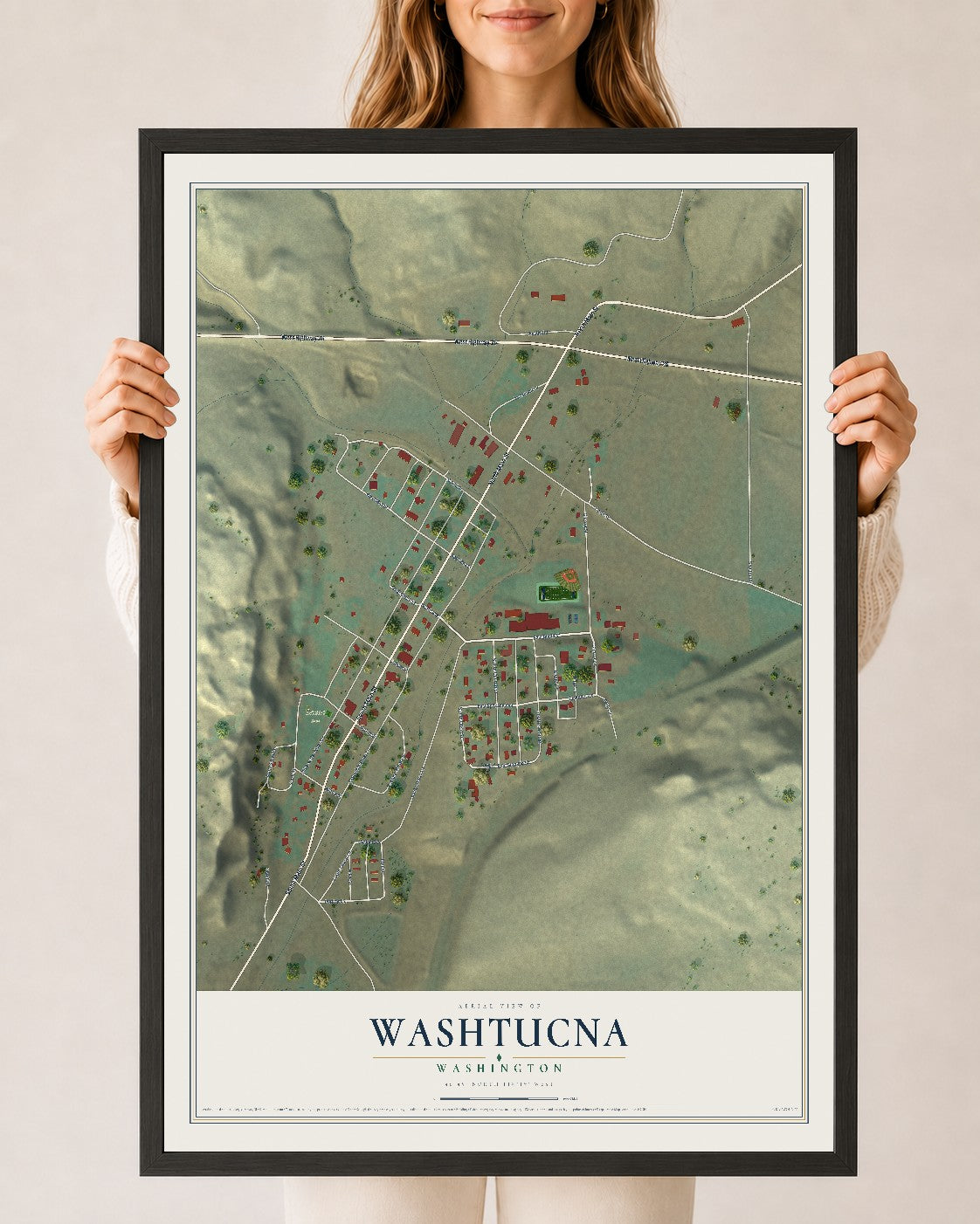 Map of Washtucna, Washington, 24 x 36 inch print in a black wood frame