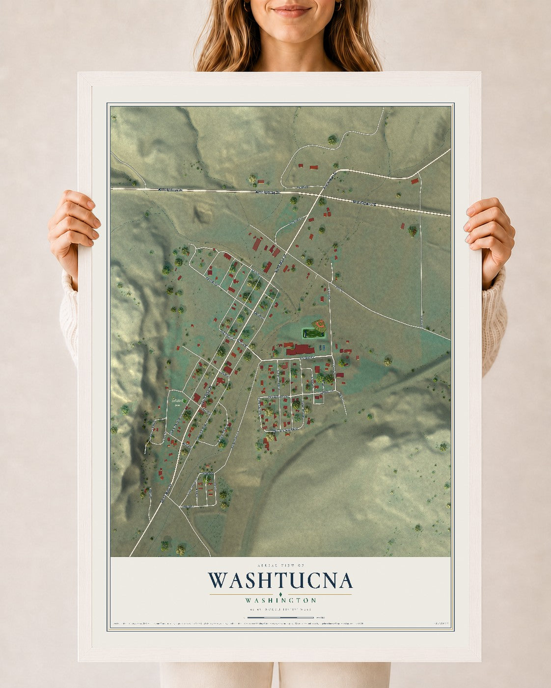 Map of Washtucna, Washington, 24 x 36 inch print in a white wood frame