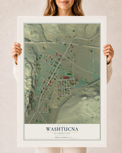 Map of Washtucna, Washington, 24 x 36 inch print in a white wood frame