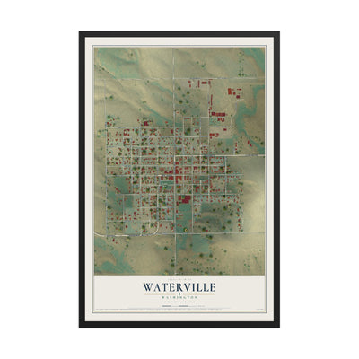 Map of Waterville, Washington, 12 x 18 inch print in a black wood frame