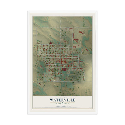 Map of Waterville, Washington, 12 x 18 inch print in a white wood frame