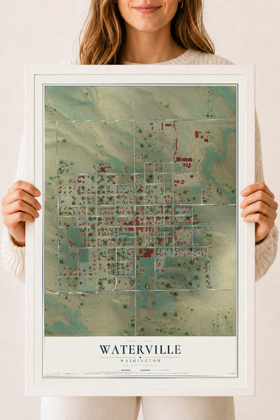 Map of Waterville, Washington, 18 x 24 inch print in a white wood frame