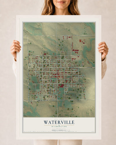 Map of Waterville, Washington, 24 x 36 inch print in a white wood frame