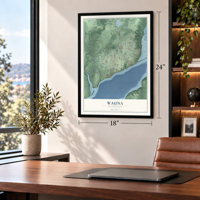 Wauna, Washington map, 18 x 24 inch print in a black frame in a home office