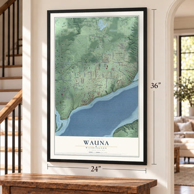 Wauna, Washington map, 24 x 36 inch print in a black frame by a staircase