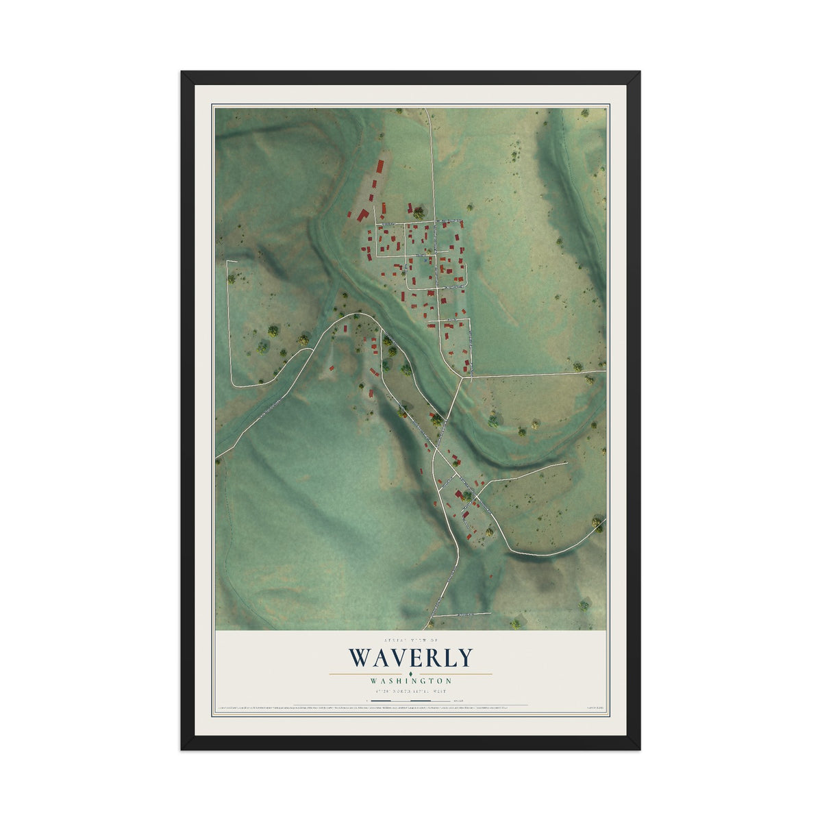 Map of Waverly, Washington, 12 x 18 inch print in a black wood frame