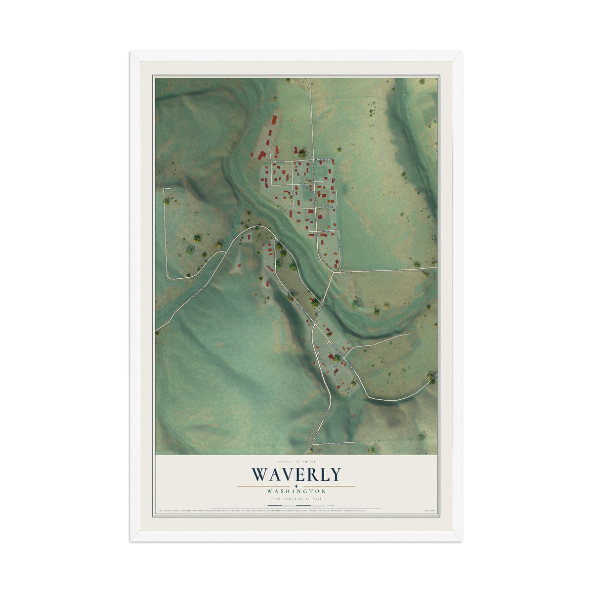Map of Waverly, Washington, 12 x 18 inch print in a white wood frame