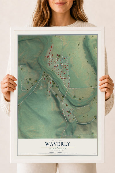 Map of Waverly, Washington, 18 x 24 inch print in a white wood frame