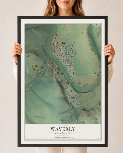 Map of Waverly, Washington, 24 x 36 inch print in a black wood frame