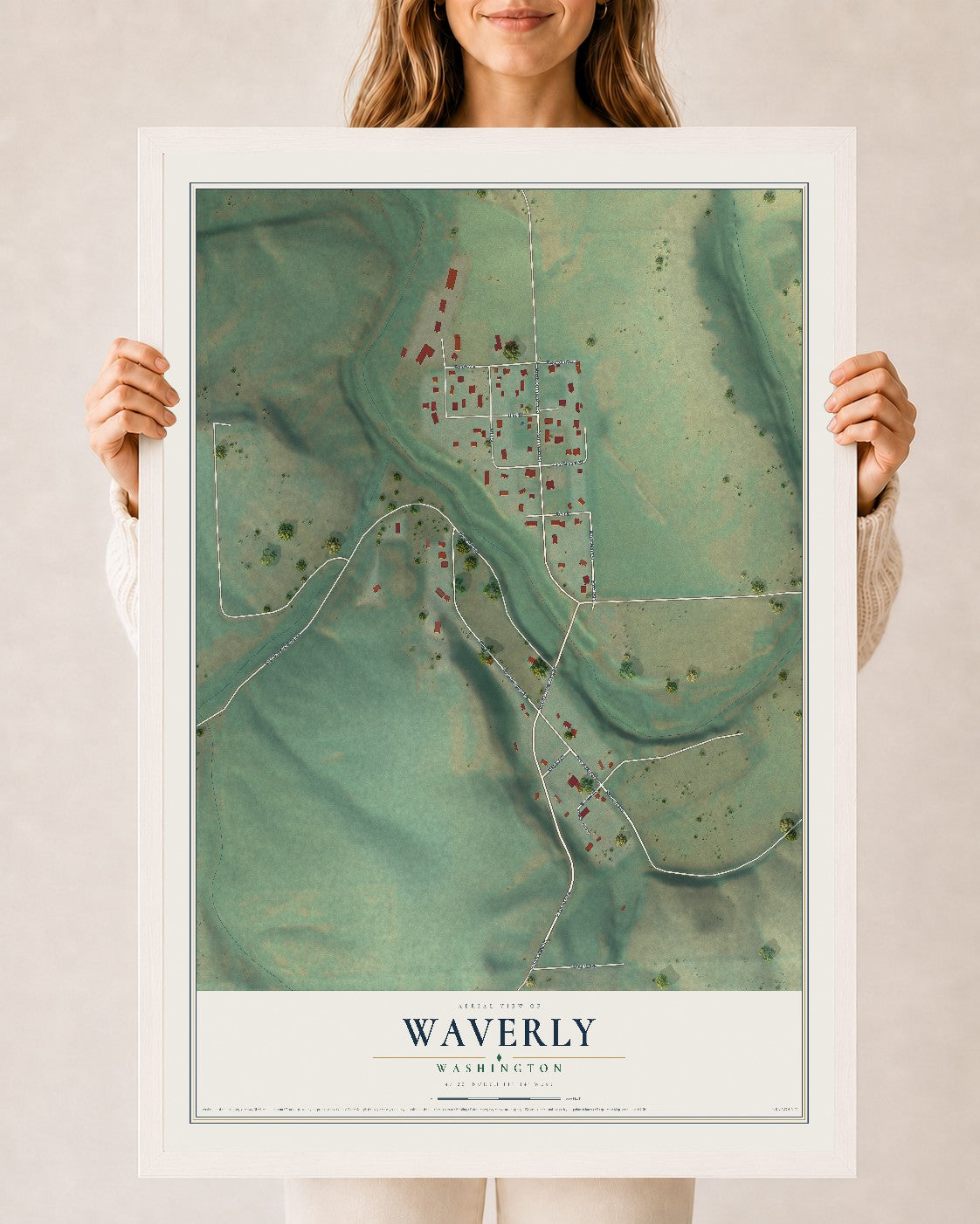 Map of Waverly, Washington, 24 x 36 inch print in a white wood frame