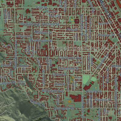 Close-up of the map of Wenatchee, Washington print showing street and building detail