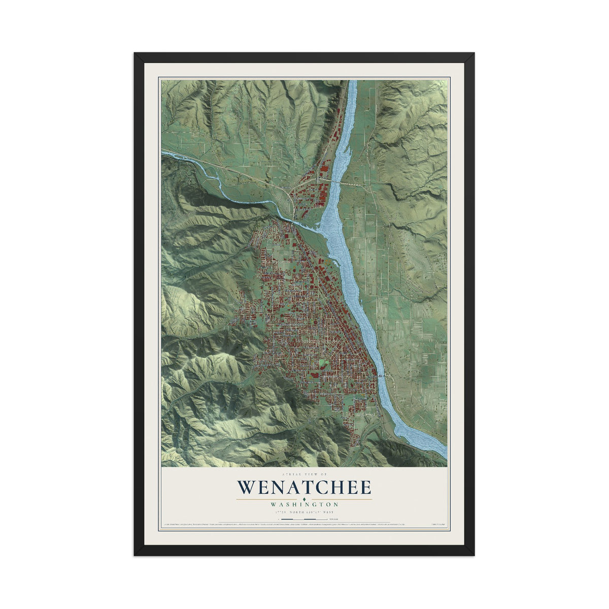 Map of Wenatchee, Washington, 12 x 18 inch print in a black wood frame