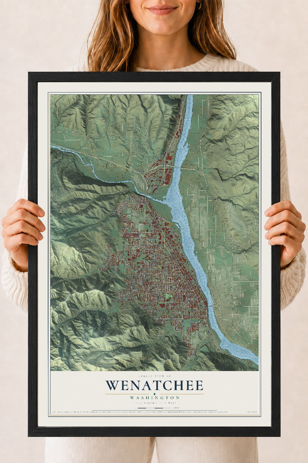Map of Wenatchee, Washington, 18 x 24 inch print in a black wood frame