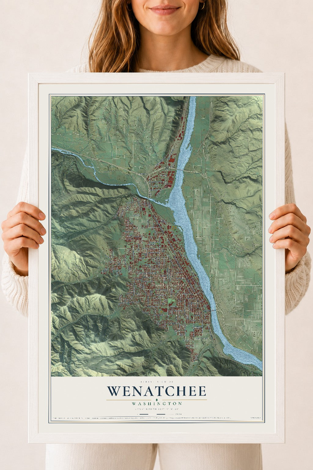 Map of Wenatchee, Washington, 18 x 24 inch print in a white wood frame