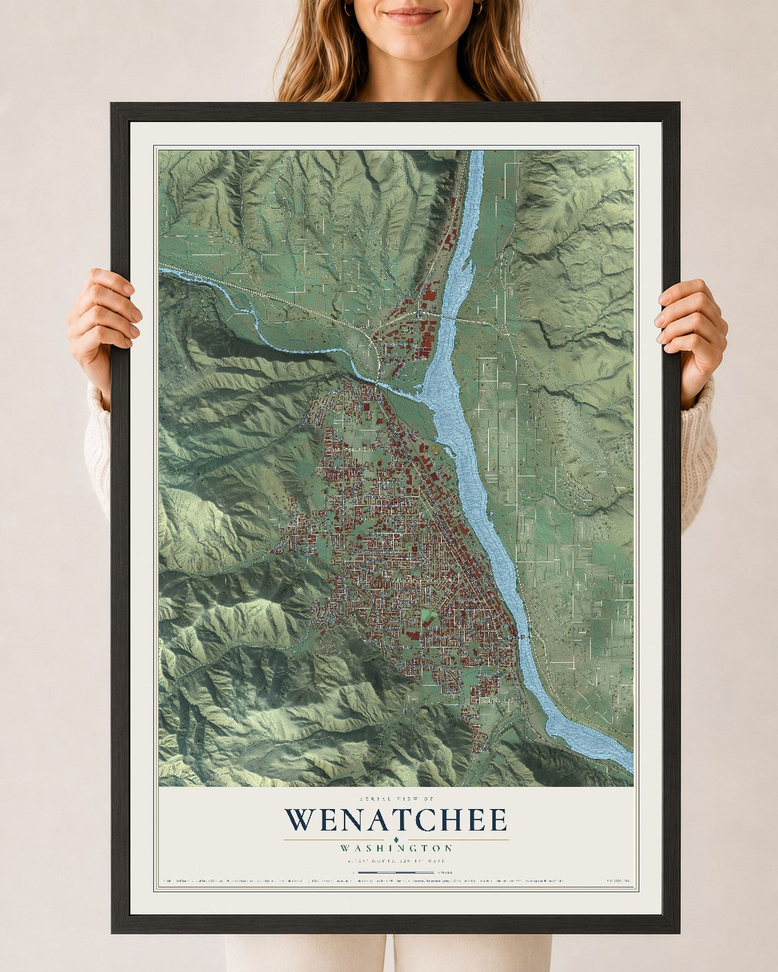 Map of Wenatchee, Washington, 24 x 36 inch print in a black wood frame