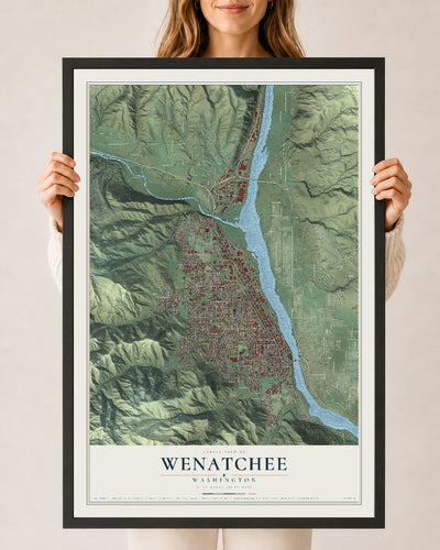Map of Wenatchee, Washington, 24 x 36 inch print in a black wood frame