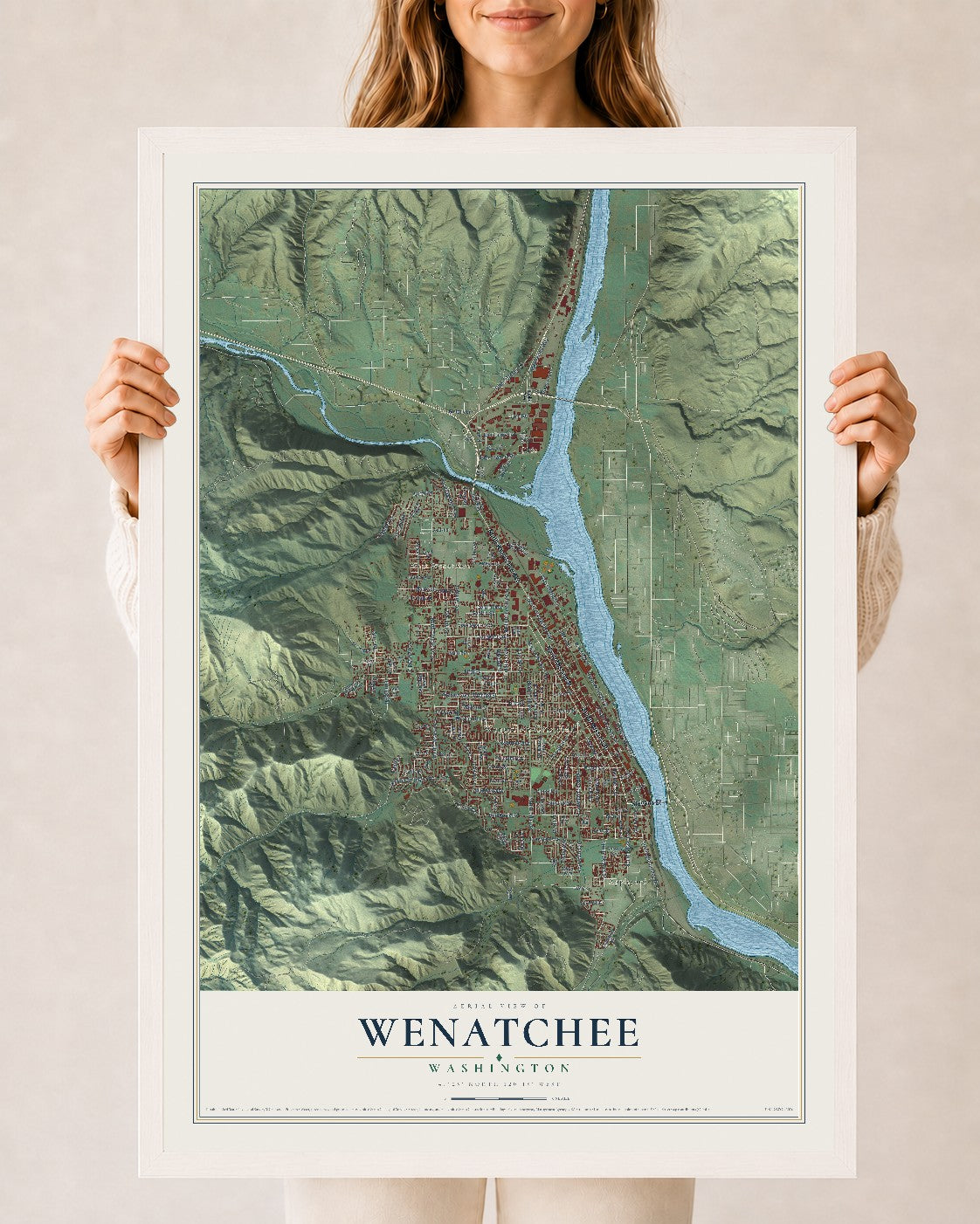Map of Wenatchee, Washington, 24 x 36 inch print in a white wood frame