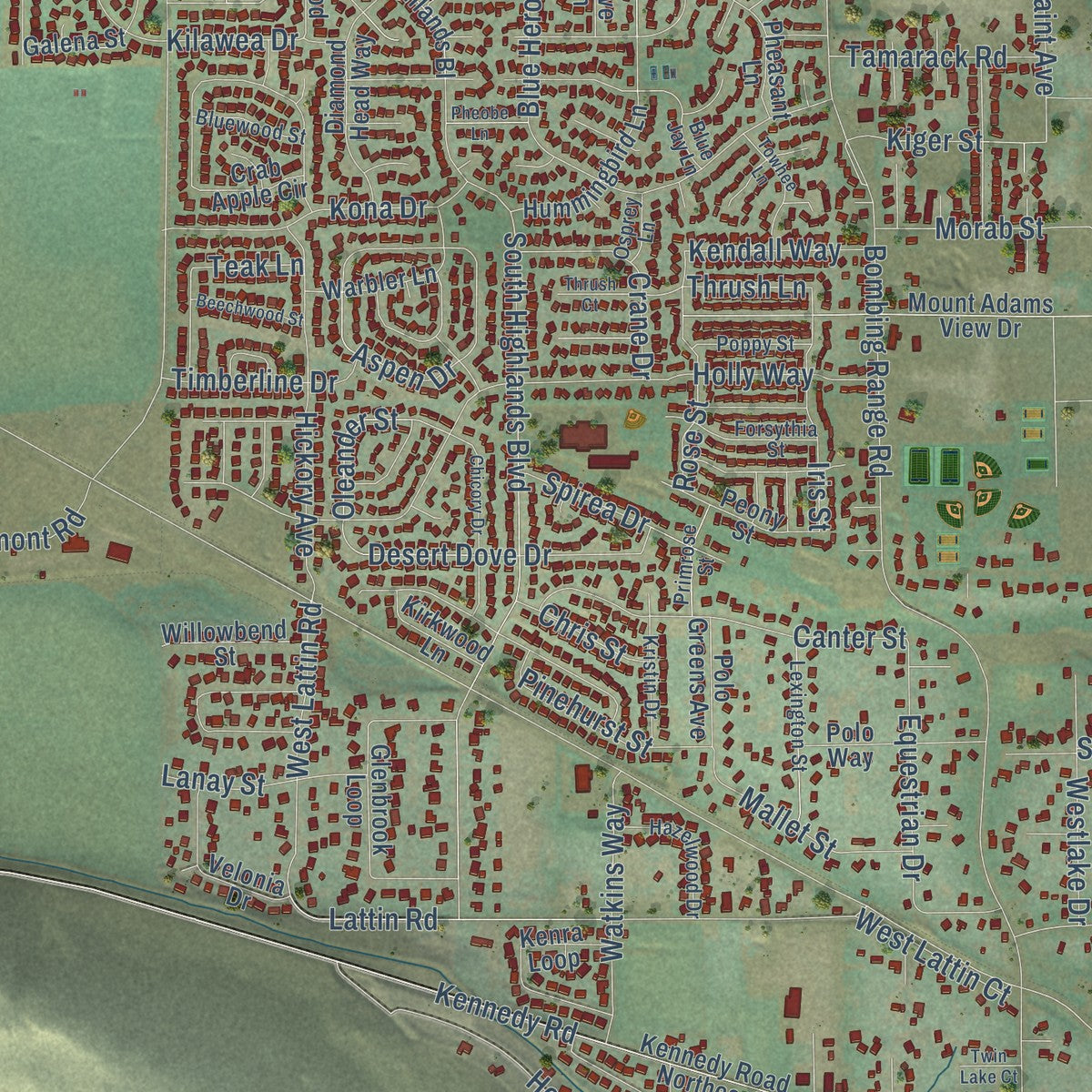 Close-up of the map of West Richland, Washington print showing street and building detail