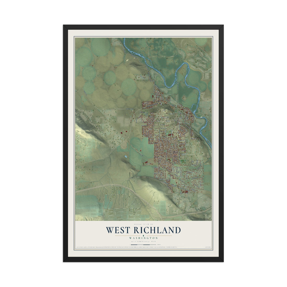 Map of West Richland, Washington, 12 x 18 inch print in a black wood frame