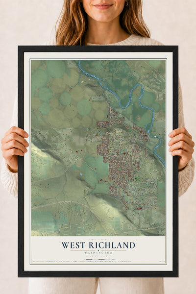Map of West Richland, Washington, 18 x 24 inch print in a black wood frame
