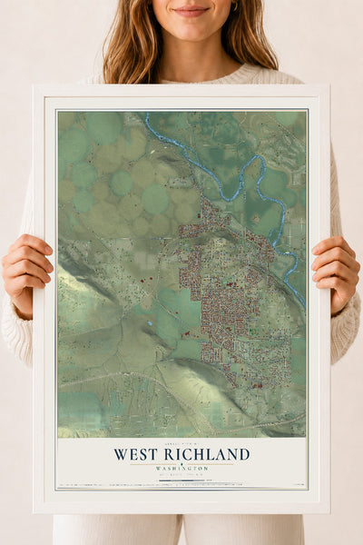 Map of West Richland, Washington, 18 x 24 inch print in a white wood frame