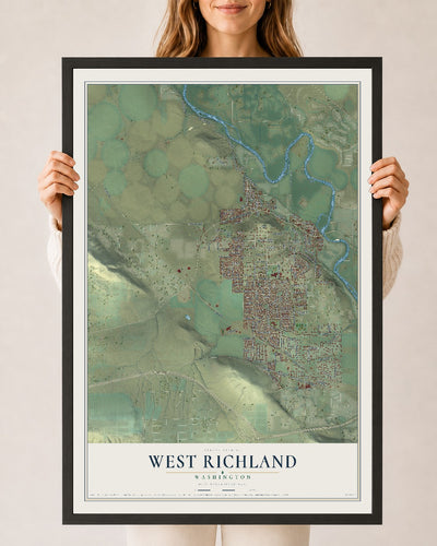 Map of West Richland, Washington, 24 x 36 inch print in a black wood frame